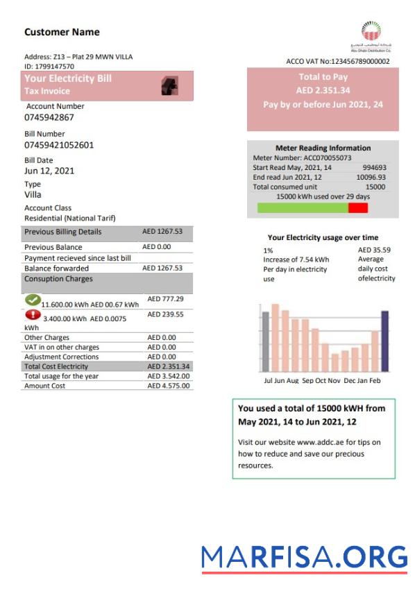 Blank United Arab Emirates Abu Dhabi Distribution electricity utility bill template in Word and PDF format